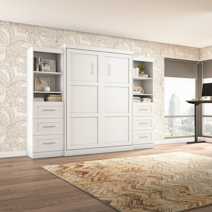 Bestar Pur Queen Murphy Bed and Two Shelving Units with Drawers 115-Inch Wall Bed