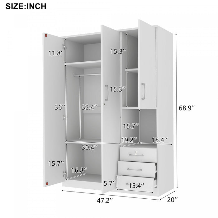 Lydia 47.2\" 2-doors Wooden Wardrobe Storage With Shelves And 3 Drawers, White
