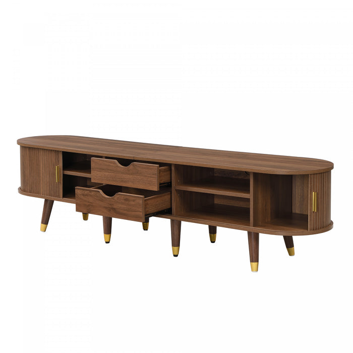 Rustic 69 Inch TV Cabinet with Sliding Door and Walnut Finish, Wood