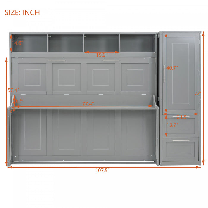 Dennis Engineered Wood Full Murphy Bed With Shelves And Drawers, Grey