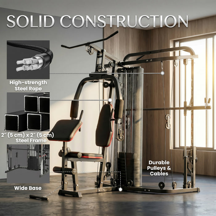 Soozier All-in-One Home Gym Smith Machine, Power Cage for Strength Training with Cable Pulley System, 143LBS Weight Stack, Chest Station, Preacher Pad and Leg Developer