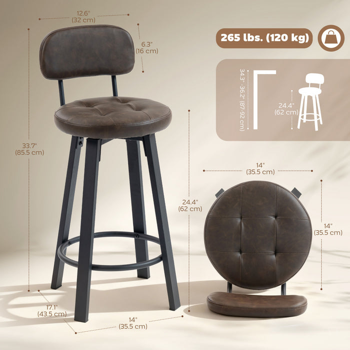 HOMCOM Bar Stools Set of 2, Swivel Counter Height Barstools Brown