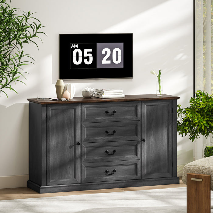 HOMCOM 58\" Sideboard Buffet Cabinet with Charging Station Black Wood Grain