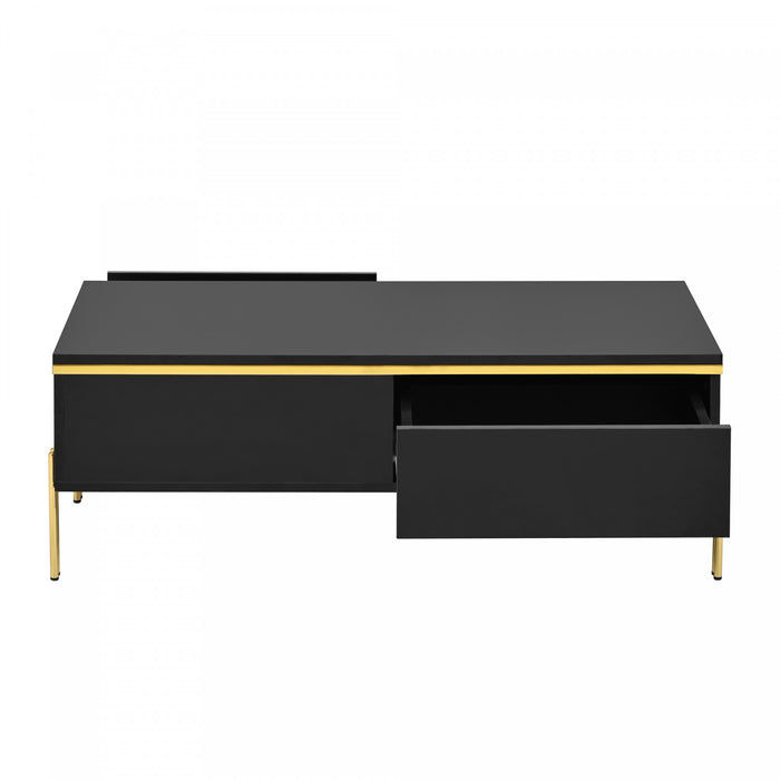 Lustra 39.4 Inch Modern High-Gloss Coffee Table with Dual Drawers and Gold Accents, Black