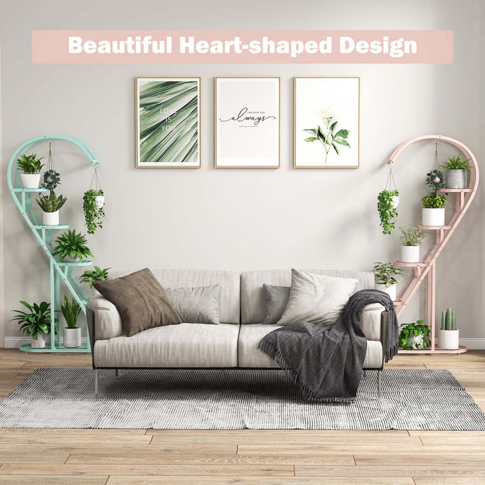 Costway 5 Tier Metal Plant Stand Heart-shaped Shelf With Hanging Hook For Multiple Plants Pink & Blue