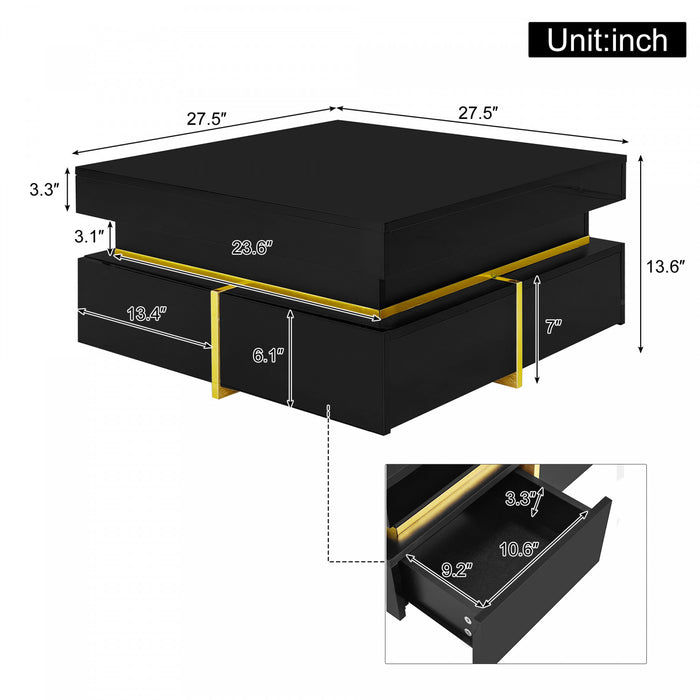 Ava High-Gloss Coffee Table with Storage Drawers and Gold Accents,Black