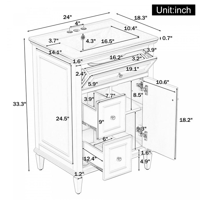 Vivo 24 Inch Single Sink Bathroom Vanity with Flip Drawer and Solid Wood Legs, White