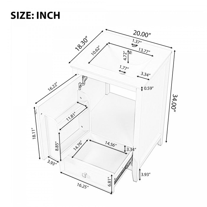 Puret 20 Inch Single Sink Bathroom Vanity with Door Shelf and Pull-Out Drawer, Black