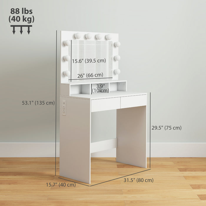 HOMCOM Makeup Vanity Table with LED Mirror and Charging Station, White