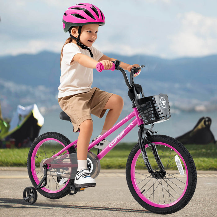 Costway 18\" Kid's Bike With Training Wheels Adjustable Handlebar & Seat Handbrake Pink