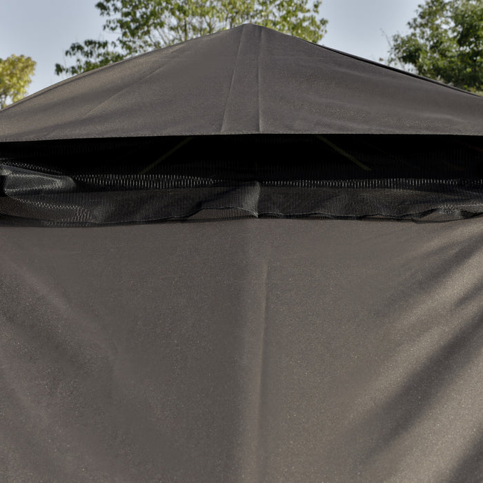 Outsunny 10' X 10' Outdoor Patio Gazebo Canopy With Double Tier Roof, Removable Mesh Curtains, Display Shelves, Top Hooks, Coffee