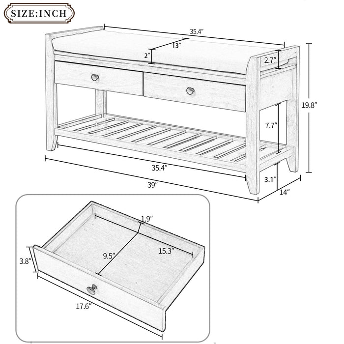 Stephanie Pine Wood Shoe Rack Bench With Cushioned Seat With Storage Drawers - White
