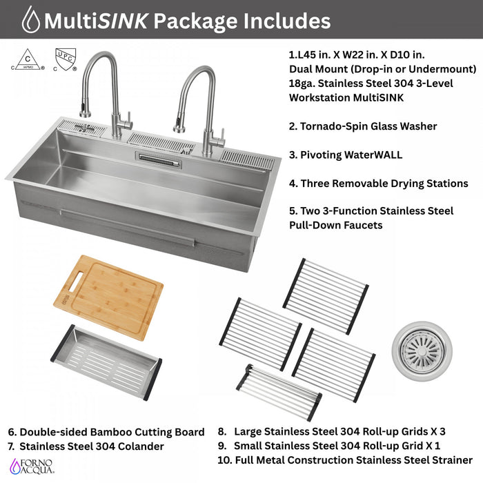 MultiSINK 45 in. Dual Mounted 3-Level Workstation Kitchen Sink, Faucets, Glass Rinser,Stainless Steel- J-WP30 Laundry Combo