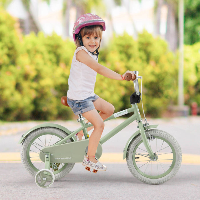 Costway 14\" Kids Bike With Adjustable Saddle Handlebar Removable Training Wheels Handbrake Green