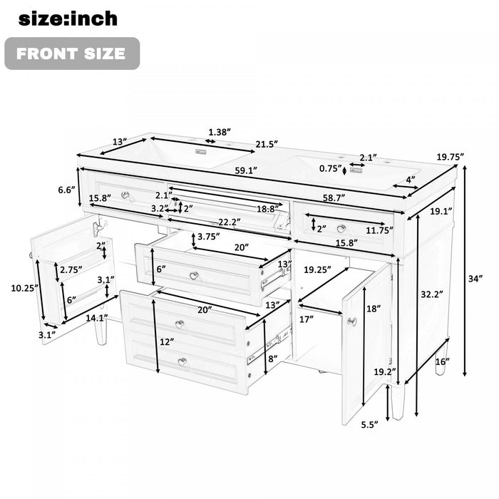 Haven 59 Inch Double Sink Bathroom Vanity with Resin Sinks and 3 Drawers, White