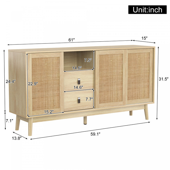 Oliver 61\" Sideboard Cabinet with Rattan Sliding Doors and Drawers,Natural Accent Cabinet