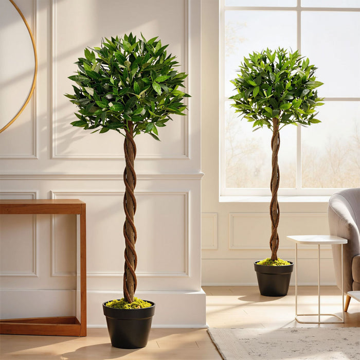 Outsunny 4FT Artificial Laurel Tree Set of 2, Lifelike Potted Fake Plant