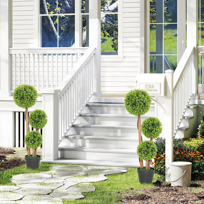 HOMCOM 35 Inch Artificial Boxwood Triple Ball Topiary Trees Set of 2, Green