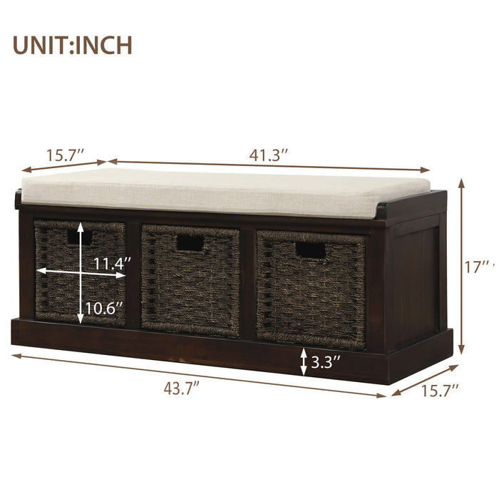 Leif Solid Wood And Rattan Baskets Storage Bench With Cushioned Seat - Espresso