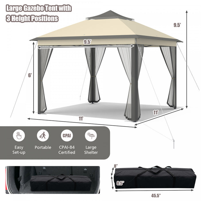 Costway 11'x11' 2-tier Pop-up Gazebo Tent Portable Canopy Shelter Carry Bag Mesh Brown