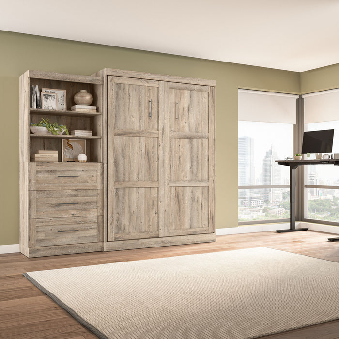 Bestar Pur Queen Murphy Bed and Shelving Unit with Drawers 101-Inch Wall Bed - Rustic Brown