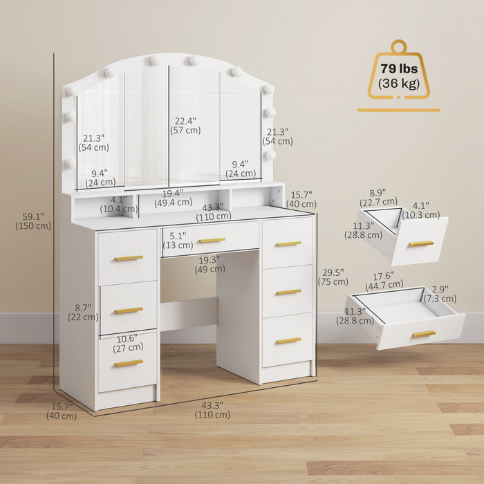 HOMCOM Vanity Desk with Lighted Mirror Makeup Vanity with 7 Drawers White