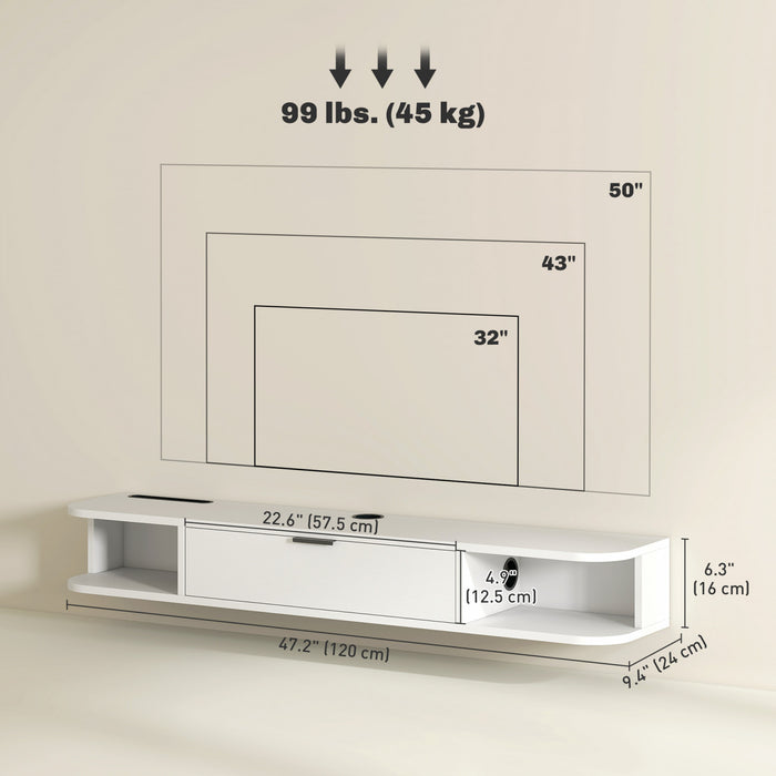 HOMCOM 47\" Floating TV Stand, Wall Mounted Media Console, White