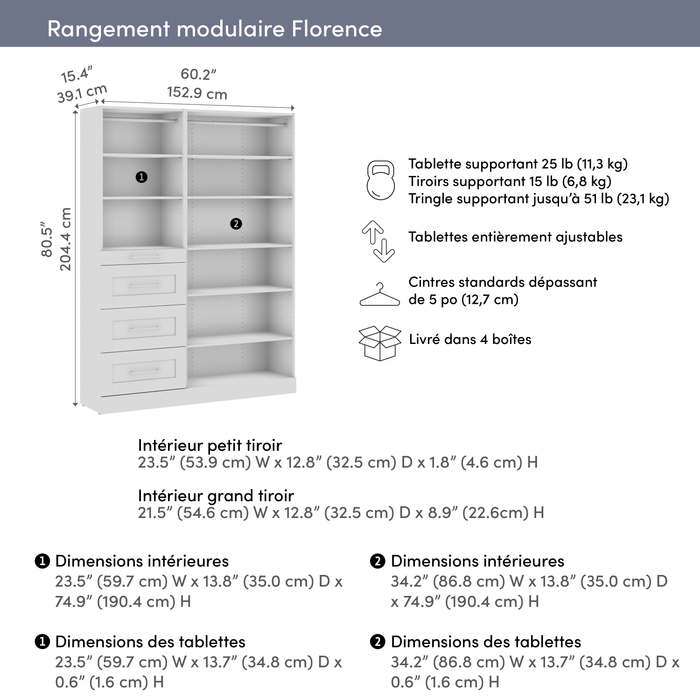 Bestar Florence 61\" Modular Reach-In/Walk-In Closet System with Shelves and Drawers Shaker Style - White