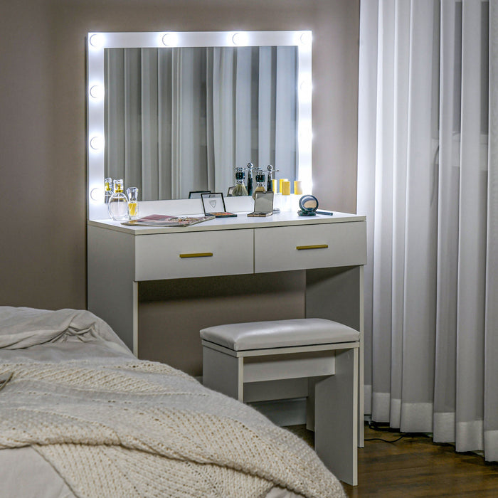 HOMCOM Makeup Vanity Desk and Stool Set with LED Lighted Mirror, White