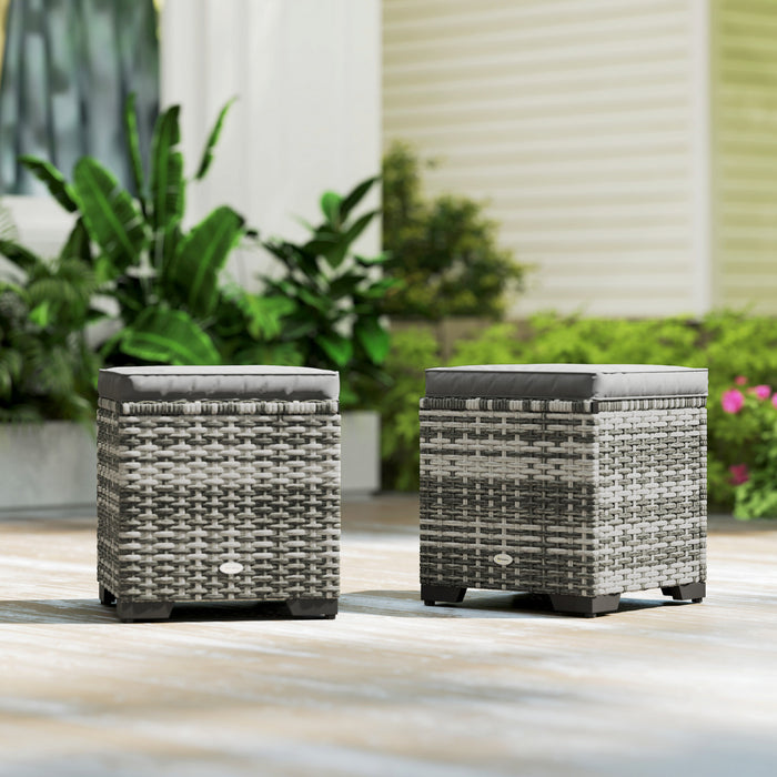 Outsunny Set Of 2 Wicker Ottoman, Outdoor Footstool With Storage, Grey