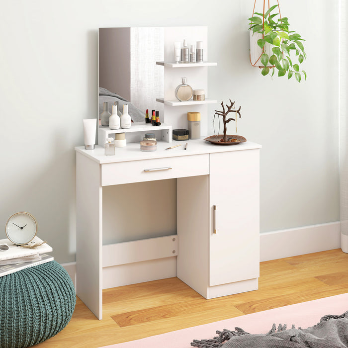 HOMCOM Vanity Table, Makeup Table with Mirror and Storage Shelves, White