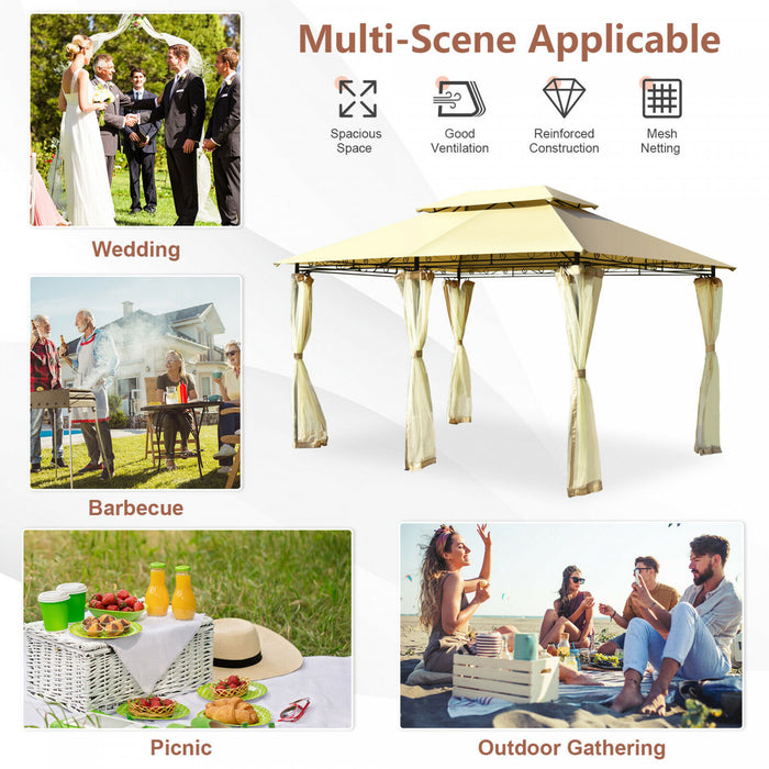 2-tier 10'x13' Steel Gazebo Canopy Tent Shelter Patio Garden Outdoor Netting Beige