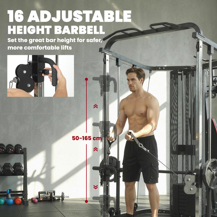 Soozier All-in-One Home Gym Smith Machine, Power Cage for Strength Training with Cable Pulley System, 143LBS Weight Stack, Chest Station, Preacher Pad and Leg Developer