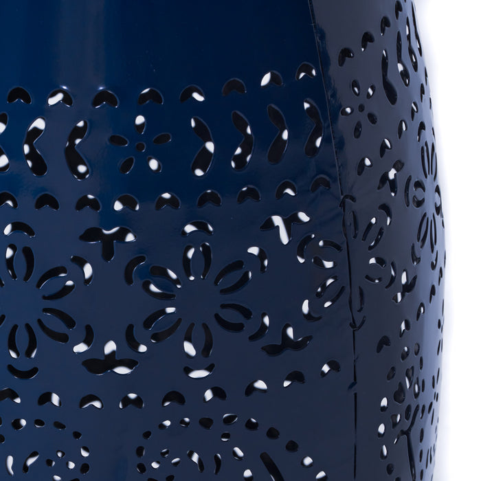 Phoenix Indoor 12\" Barrel Shape Iron Side Table With Lace-cut Design, Navy Blue