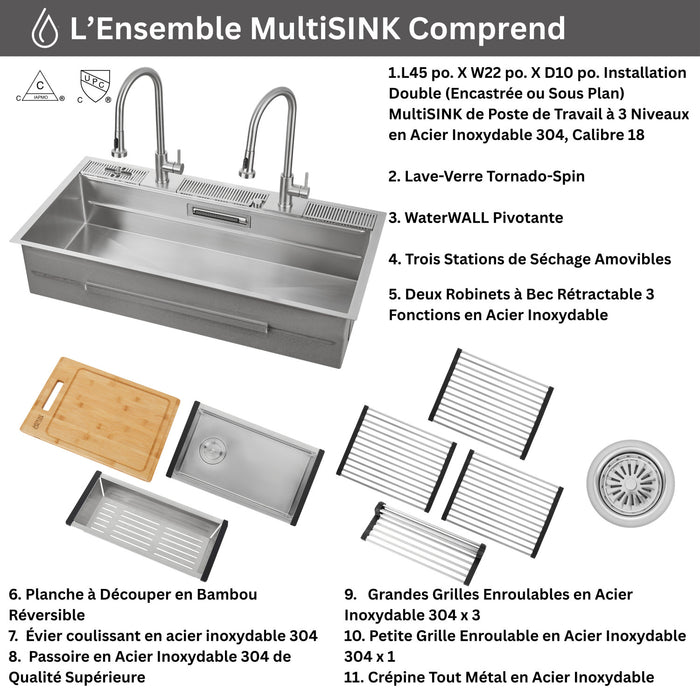 MultiSINK 45 in. Dual Mounted 3-Level Workstation Kitchen Sink, Faucets, Glass Rinser,Stainless Steel- J-WP30 Laundry Combo