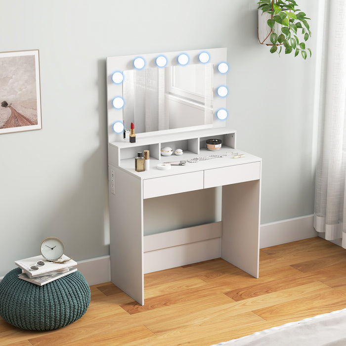 HOMCOM Makeup Vanity Table with LED Mirror and Charging Station, White