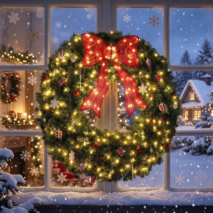 HOMCOM 36 Inch Pre-Lit Christmas Wreath, Artificial Xmas Wreath, Green