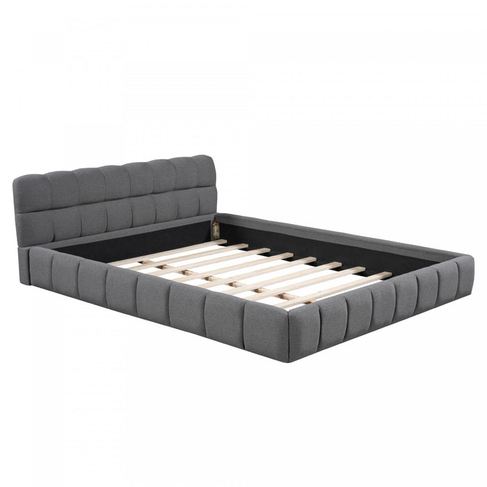 Jessica Upholstered Platform Bed with Comfortable Linen Fabric and Sturdy Frame,Queen Size,Gray Queen Bed