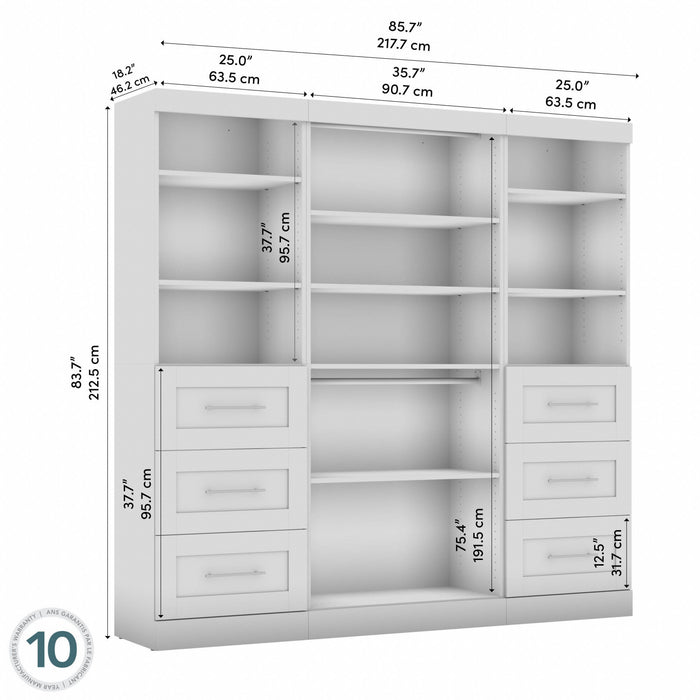 Bestar Pur 86 W Closet Organization System with Drawers - White