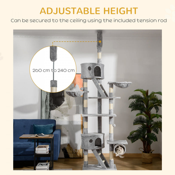 Pawhut 94\"-102\" Huge Cat Tree Ceiling High Cat Condo Scratching Post Activity Center Multi-level Play House Light Grey