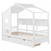 Jeames Wood House Bed with 2 Storage Drawers and Shelf,Twin Size - White | Lit Maison Jeames en Bois avec 2 Tiroirs de Rangement et Etagere, Taille Twin - Blanc