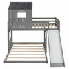Marico Twin Over Solid Wood Full Bunk Bed With Slide, Playhouse Design - Antique Grey | Lit Superpose Marico En Bois Massif, Taille Simple En Haut Et Double En Bas, Avec Toboggan, Design Maison De Jeu - Gris Antique