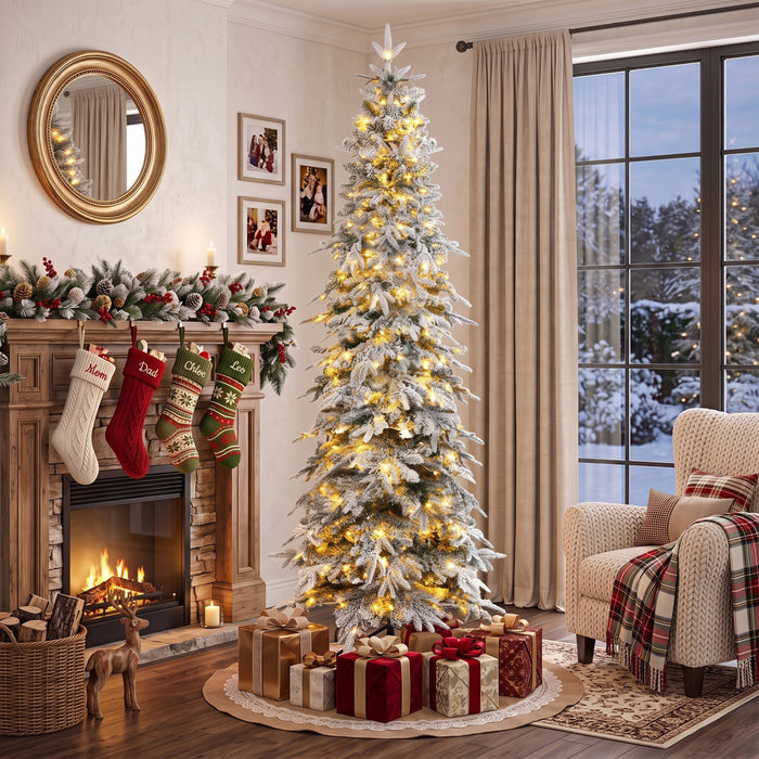 HOMCOM 7ft Prelit Flocked Christmas Tree, Downswept Hinged Xmas Tree
