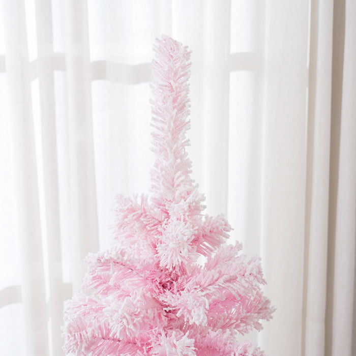 Homcom Snow Flocked Pencil Artificial Christmas Tree With Steel Base Pink