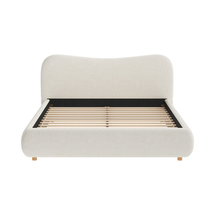 Camille Platform Bed with Curved Headboard and Luxurious Boucle Upholstery,Queen Size,White Queen Bed