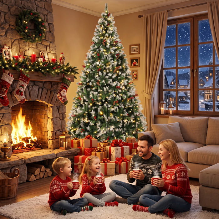 HOMCOM 9ft Flocked Prelit Christmas Tree Spruce, Dual Colour LEDs, Remote