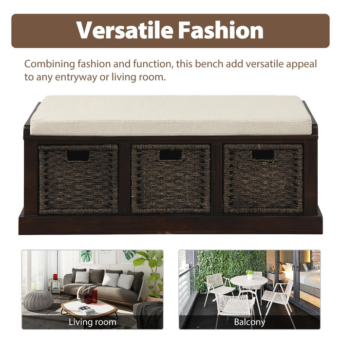 Leif Solid Wood And Rattan Baskets Storage Bench With Cushioned Seat - Espresso
