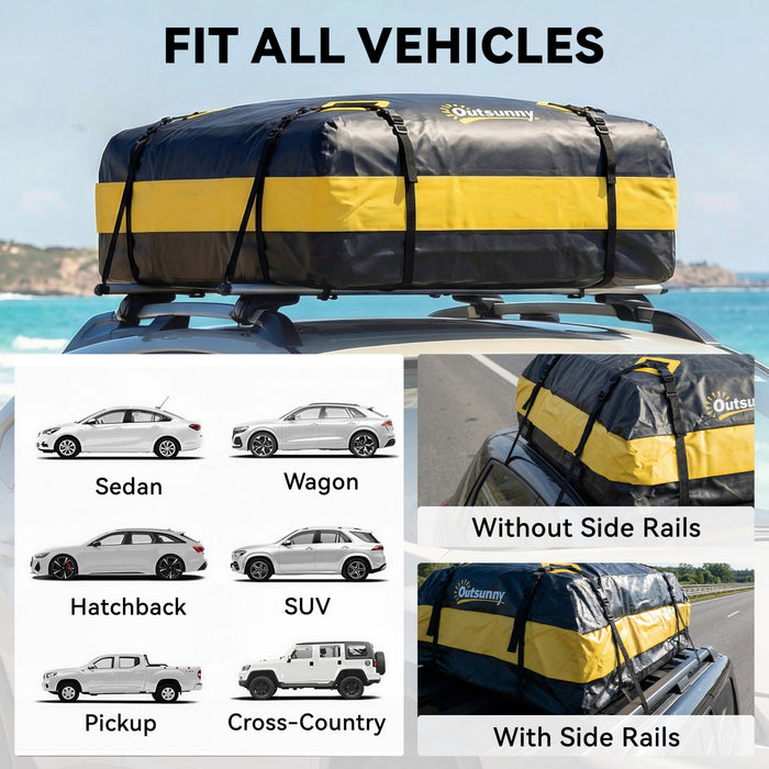Outsunny Rooftop Cargo Carrier, 15 Cubic Feet Waterproof Soft-Shell Car Roof Storage Bag with 8 Reinforced Straps, Anti-Slip Mat, Door Hooks for All Vehicles with/without Rails