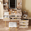 Victoria 7-Drawer Vanity Table Set with LED Mirror and Metal Legs,Yellow Brown Mirror Cabinet  | Victoria Ensemble de coiffeuse 7 tiroirs avec miroir LED et pieds en metal, Brun Jaune