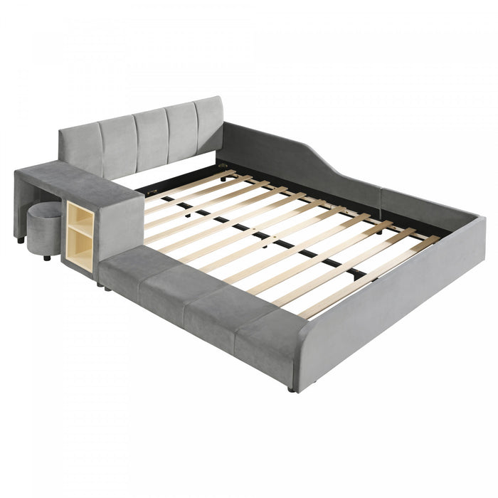Lily Velvet Upholstered Grounded Bed with Desk and Stool,Full Size,Grey Full Bed